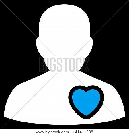 Patient Heart vector icon. Style is bicolor flat symbol, blue and white colors, rounded angles, black background.