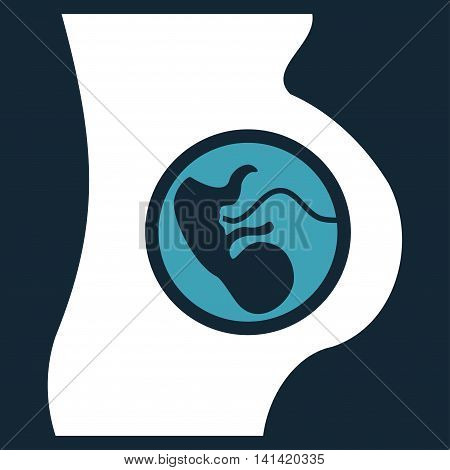 Pregnancy vector icon. Style is bicolor flat symbol, blue and white colors, rounded angles, dark blue background.