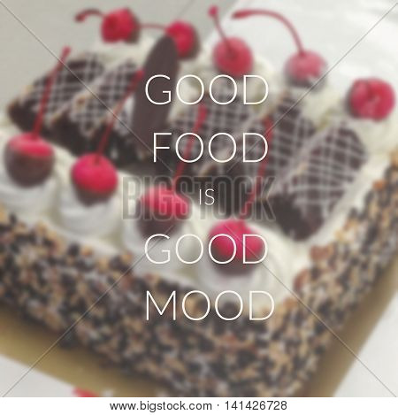 Inspirational quote on blurred background ....good food is good mood