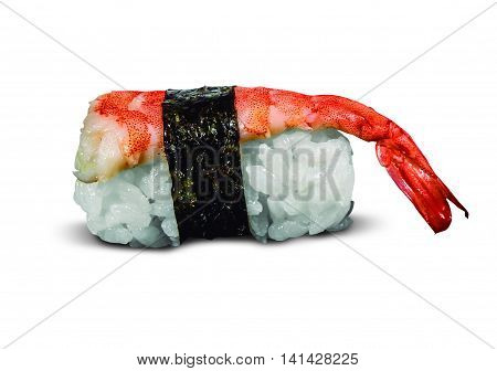 single served Shrimp nigiri sushi isolated on white background