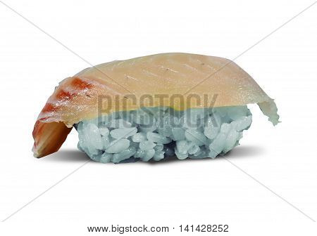 single served nigiri sushi made of white fish isolated on white background