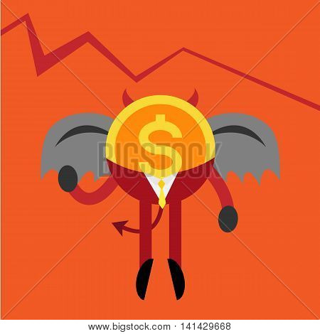 devil coin business man with down graph background