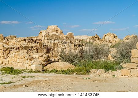 The ruins of the ancient city. Shivta Nabataean Town on the ancient spice route in the Negev Desert Israel