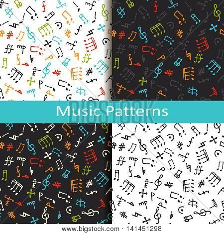 vector set of four music patterns with different musical symbols