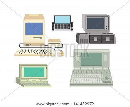 Old computer technology vector isolated. Telecommunication equipment old vintage pc monitor frame computer modern office network. Old computer device electronic equipment space.