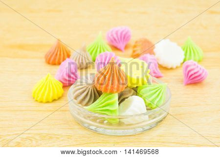 Aalaw candy, colorful Thai dessert with sugar crust and soft chewy inside made from flour,selective focus
