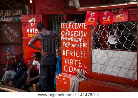 Freetown Sierra Leone - June 1 2013: Shop for charging mobile phones
