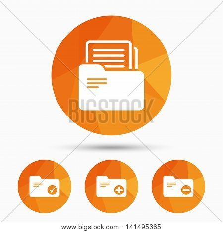 Accounting binders icons. Add or remove document folder symbol. Bookkeeping management with checkbox. Triangular low poly buttons with shadow. Vector
