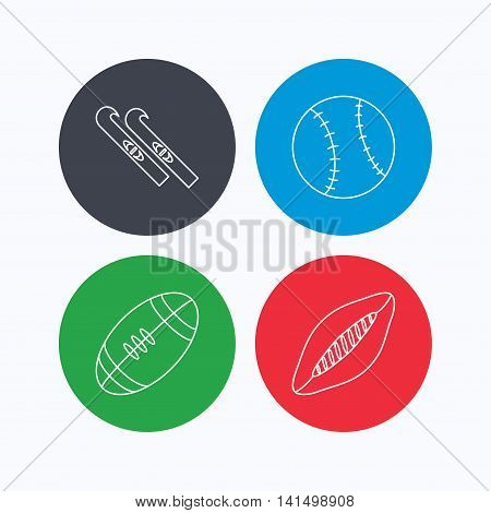 Sport fitness, rugby ball and baseball icons. American footbal, skis linear signs. Linear icons on colored buttons. Flat web symbols. Vector