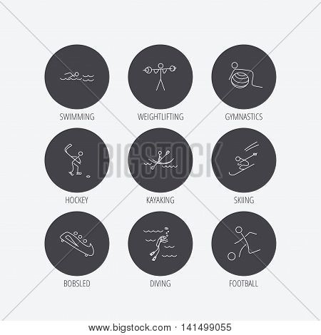Swimming, football and skiing icons. Ice hockey, diving and gymnastics linear signs. Kayaking, weightlifting and bobsleigh icons. Linear icons in circle buttons. Flat web symbols. Vector
