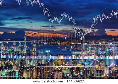 Double exposure of stocks market chart in blue on LED display concept with city scape hong kong background
