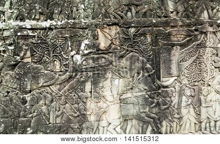 Bas-relief On The Wall, Angkor, Cambodia
