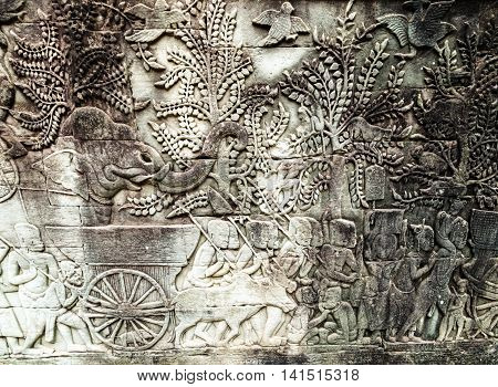 Bas-relief On The Wall, Angkor, Cambodia