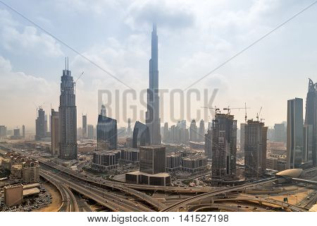 DUBAI UAE - JANUARY 23 2016: Panorama of Burj Khalifa tallest building in the world 829.8 m. Dubai Burj Khalifa United Arab Emirates