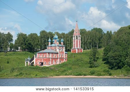 The old Church of the icon of mother of God of Kazan on the left bank of the Volga river, july afternoon. Tutayev, Yaroslavl region, Russia