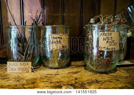 Herbs and spices in glass mason jars