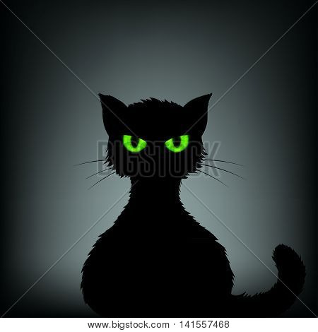 Silhouette of black cat with green eyes. Stock vector illustration.