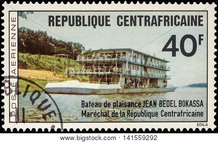 MOSCOW RUSSIA - AUGUST 05 2016: A stamp printed in Central African Republic shows recreation river vessel "Jean Bedel Bokassa" series circa 1976