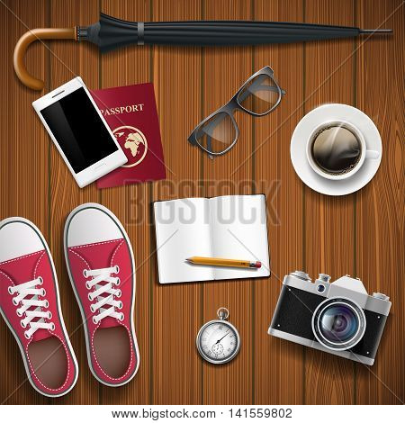 Objects for travel on a wooden background. Hipster style. Stock vector realistic illustration.