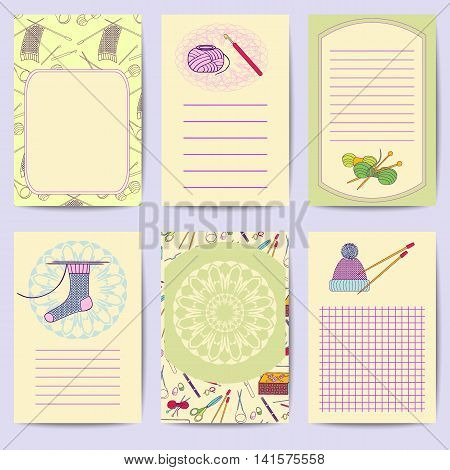 Set printable journal cards. Bright collection with knitting tools. Stock vector illustrations of knitting objects handicraft hand made. It can be used for planning poster scrapbook