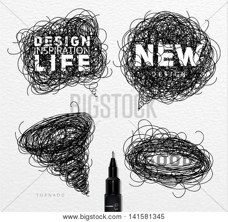 Pen drawing tangle elements chat oval tornado with different inscriptions drawing on paper background