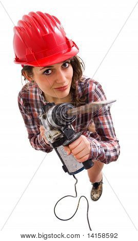 Mädchen im roten Helm mit Drill nachschlagen