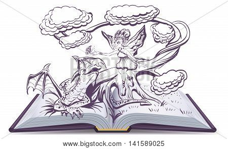 Open book with an illustration Fantasy. Elf Woman and Dragon. Illustration in vector format