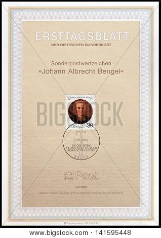 GERMANY - CIRCA 1987 : Cancelled First Day Sheet printed by Germany, that shows Johann Albrecht Bengel.