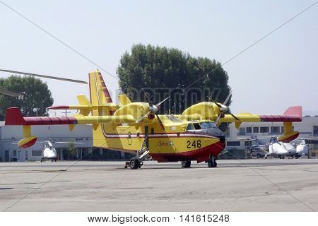 VAN NUYS - AUG 7: The super scoopers, technically called fixed-wing Canadair Bombardier CL-415s are back to fight fires in California on August 7, 2016 in Van Nuys, CA