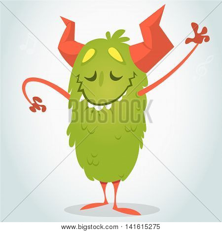 Happy cartoon green and fluffy monster with red horns listens to music. Halloween vector character