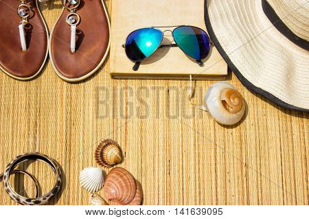 Beach accessories-sun glasses flip flops hat book and sea shell