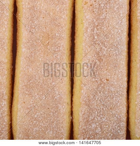 Surface covered with the multiple ladyfinger savoiardi biscuit cookies as a backdrop texture composition