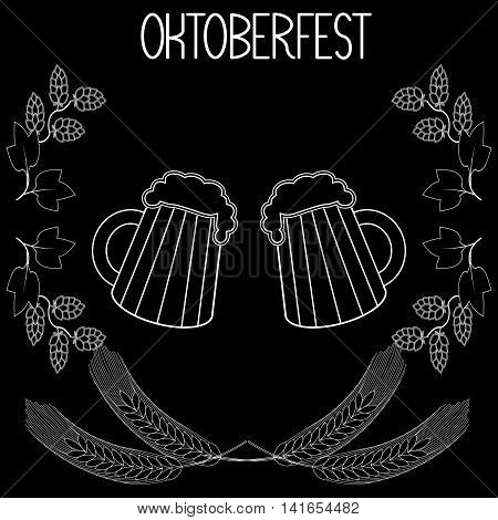 Two mugs of beer, barley, hops, Oktoberfest.  Hand draw, sketch.