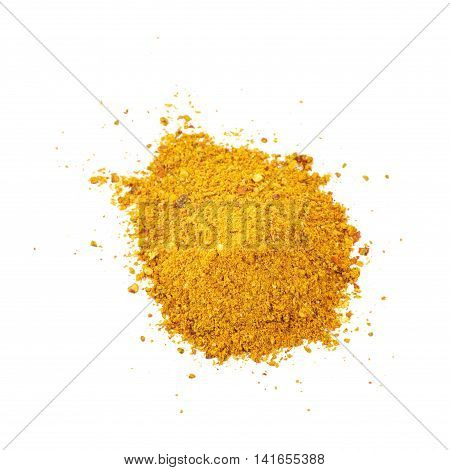 Pile of powdered yellow curry spice isolated over the white background