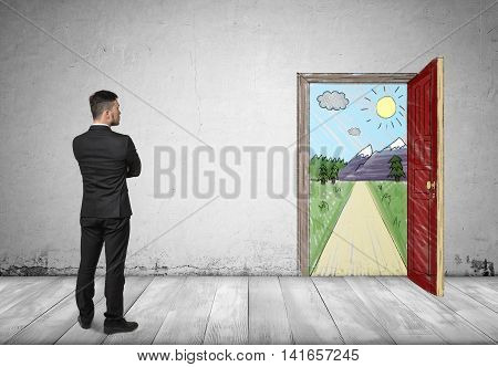 Back view of a businessman looking at an open door with hand drawn sunny mountain landscape and a road. New orrortunity. Business ideas and concepts. Way to success. Dreams and beliefs.