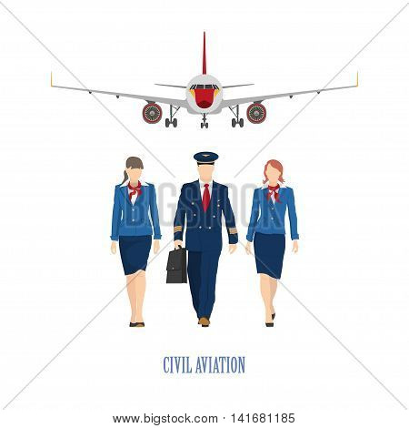 The pilot and a flight attendant on the plane background. Vector illustration