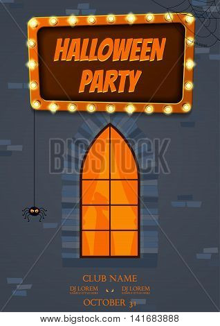 Halloween party flyer. Retro banner with glowing lamps. Vector illustration with shining lights in vintage style. Greeting card template.