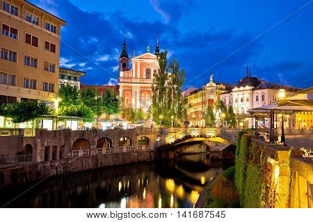Tromostovje bridge and Presern square in Ljubljana evening view capital of Slovenia