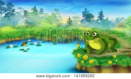 Green Frog Sitting and Croaking Near the Pond in a Summer day. Digital painting cartoon style full color illustration.