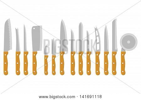 Set of steel kitchen knives carving, paring, and utility sharp tool cooking equipment collection. Sharp kitchen knife vector illustration isolated on white background