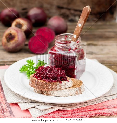 Beetroot Relish Preserves On Rye Toast