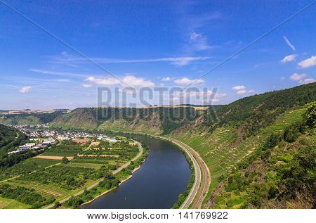 Mosel Valley In Summer With Mosel And Vineyards