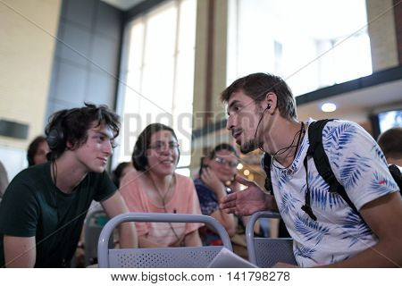 ST. PETERSBURG, RUSSIA - JULY 25, 2016: Actor Maxim Fomin in the play 