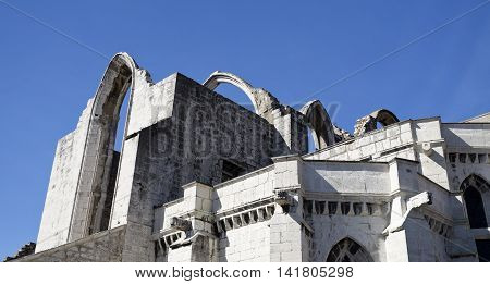 Detail of the ruins of the Convent of Our Lady of Mount Carmel (the Carmo Convent) a medieval convent destroyed by 1755 Lisbon earthquake in Lisbon Portugal