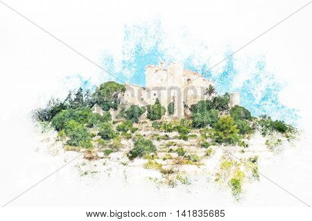 Pilgrimage church of Sant Salvador on green hill in Arta village, Mallorca island, Spain. Modern painting, background illustration.