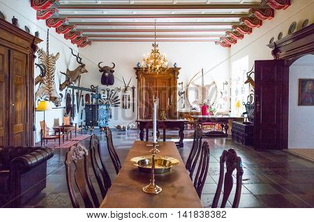 Kvaerndrup Denmark - July 21 2015: Trophies in the Hunting Hall of the Egeskov castle