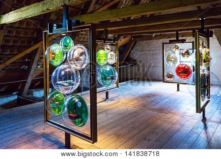 Kvaerndrup Denmark - July 21 2015: Art works with cars models in the attic of the Egeskov castle
