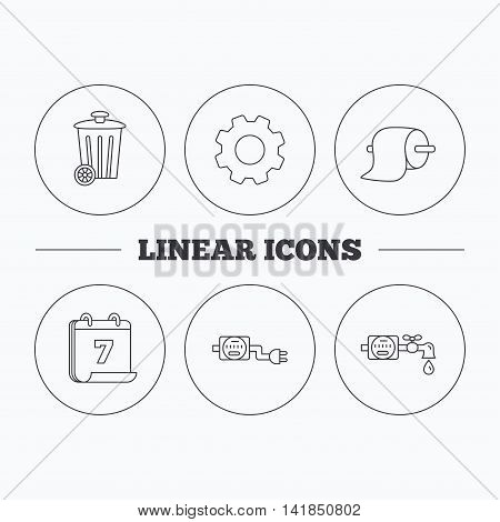 Trash bin, electricity and water counter icons. Toiler paper linear sign. Flat cogwheel and calendar symbols. Linear icons in circle buttons. Vector