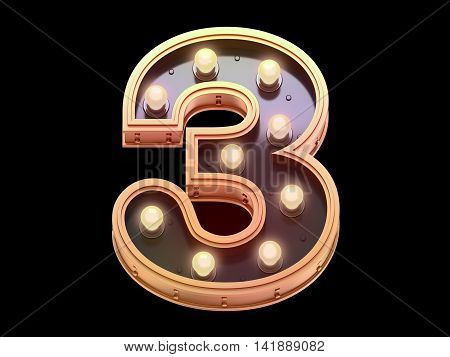 Gold lamp font in the form of signboard. 3d rendering.