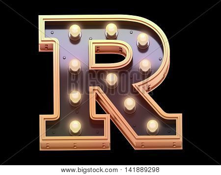 Gold lamp font in the form of signboard. 3d rendering.